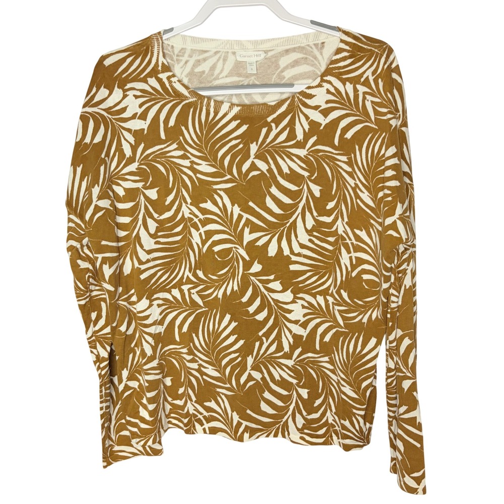 Garnet Hill Silk Cotton Palm Leaf Sweater Small Tropical Mustard Yellow Pullover